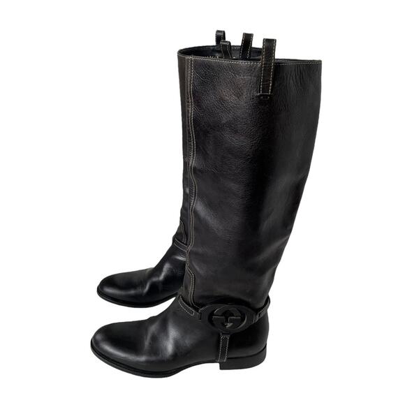 Gucci Interlocking G Logo Tall Riding Boots Knee Leather Black 7 GUC - Picture 6 of 16